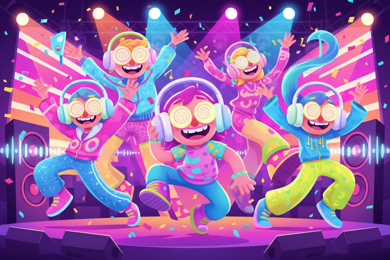 aesthetic pictures of carton characters with AirPods Max and AirPods Pro turning up at a concert with crazy eyes