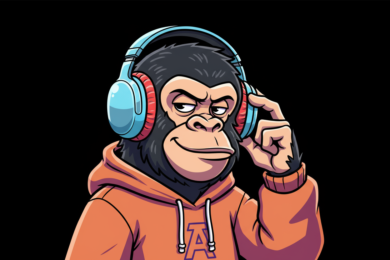 cartoon image of ape wearing AirPods Max with black background 